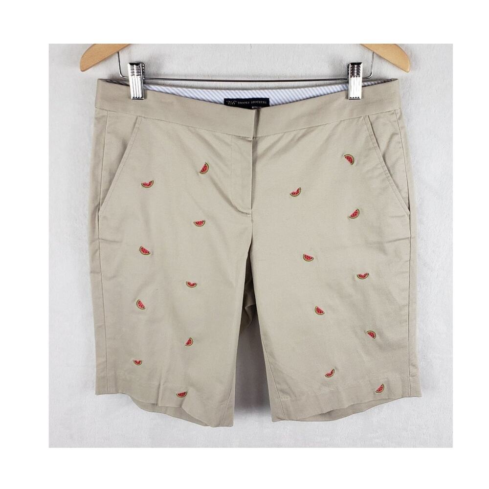 Brooks Brothers Bermuda Shorts Women 8 Tan Watermelon Embroidered Allover Chinos